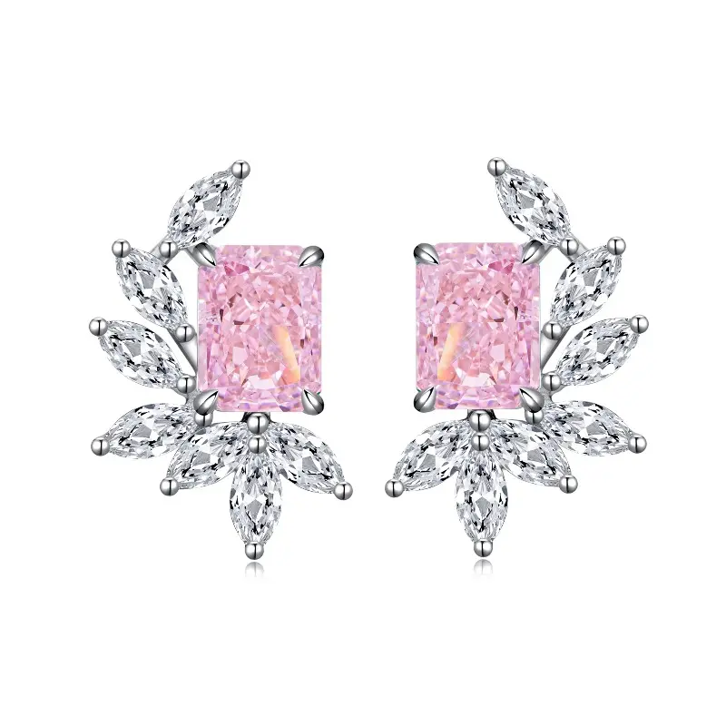Pink Square Stud Earrings Flower Design, geometric artificial gemstone zirconia earrings for women, jewelry and accessory gifts