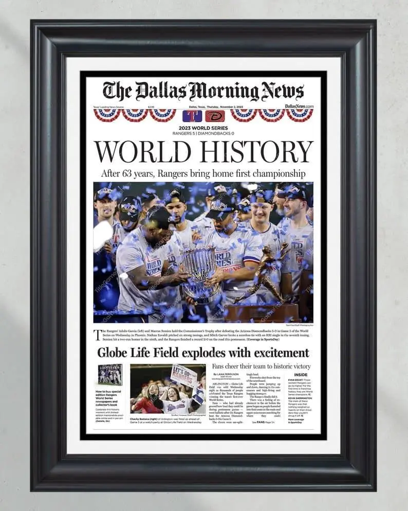 2023 Texas Rangers World Series Champions 'WORLD HISTORY' Unframed Poster - First Title Newspaper Front Page Print - Arlington Baseball Decor