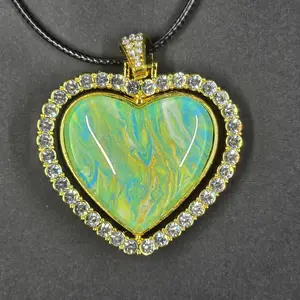 Spinning Heart Necklace Large gold tones 30mm hand painted double sided with 18in leather cord