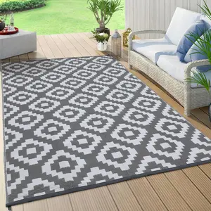 Garvee 8x10 Outdoor Plastic Straw Rug-Waterproof Outdoor Patio Area Rug Portable Reversible Camping Mat for RV, Porch, Balcony & Beach,Grey&White.