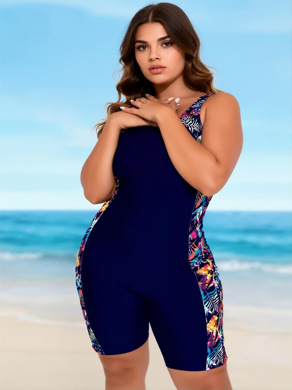 Plus Size Sporty Surf Printed Color Block One-Piece Swimsuit – Tummy Control Slimming Boyleg Bathing Suit
