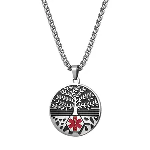 Unisex Medical Alert Necklace: Tree of Life Stainless Steel Pendant Warning Dog Tag Necklaces Disease ID Emergency Jewelry