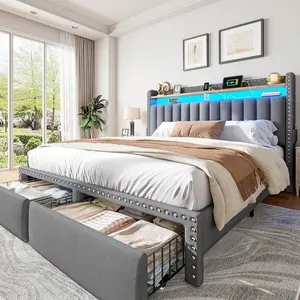 Grey Queen Size Upholstered Metal Platform Floor Bed with Guardrail, 2 Large Drawers, LED Lights, Charging Station and Headboard