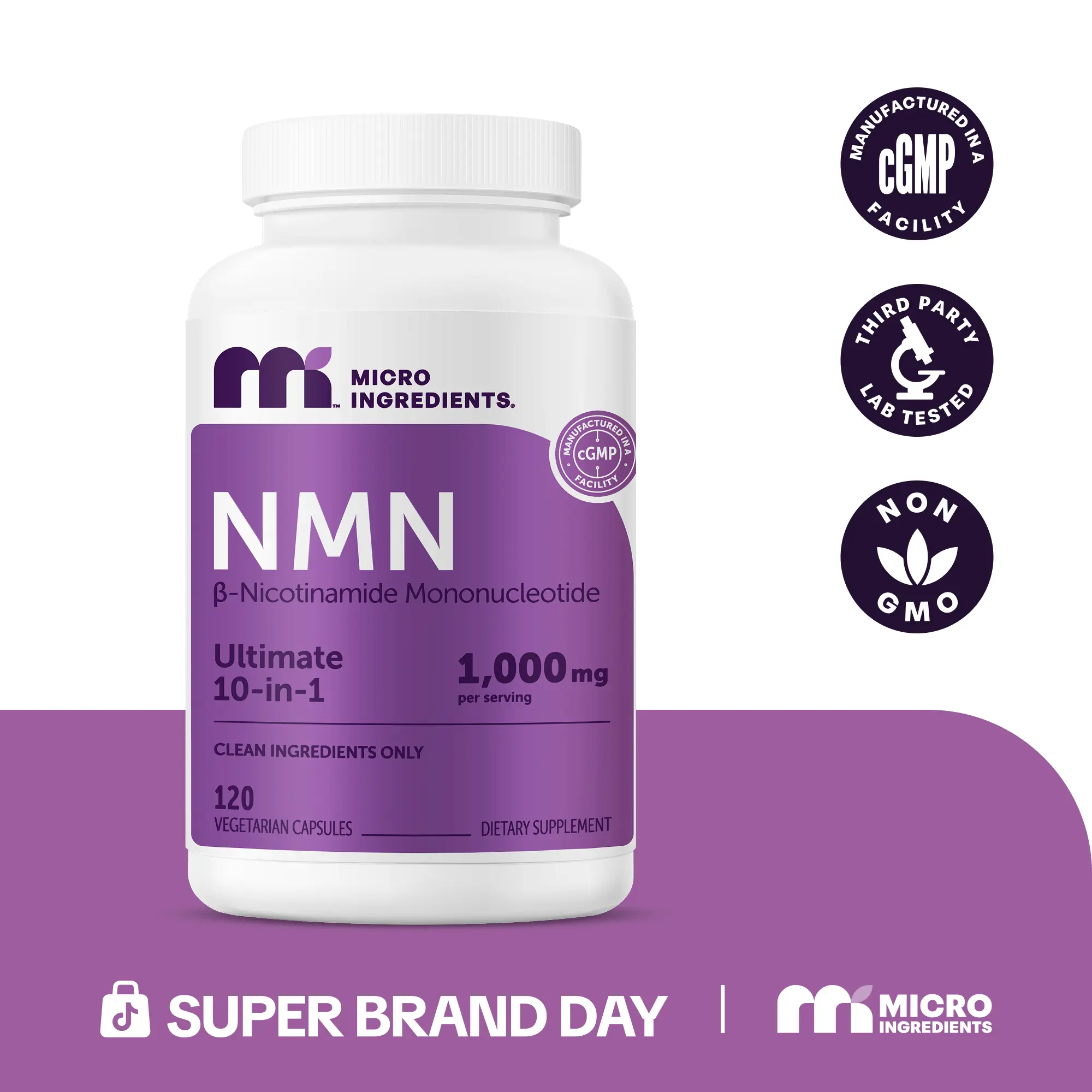 Micro Ingredients NMN Complex 1,000mg Per Serving, 10-1 Complex, Zero Filler, Pure NMN 500mg with Vitamin C, Resveratrol, CoQ10, TMG, Quercetin, & Glutathione | NAD+ Supplement Precursor