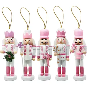 Mini Nutcrackers Figures Wooden Christmas Decor, Hanging Nutcracker Ornaments for Xmas Tree, Wood Nut-Crackers Christmas Decorations for Festival Party (Pink, 5PCS)