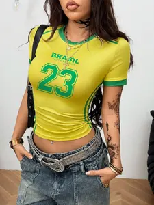 Women's Slim Fit Patchwork T-Shirt, Casual Short Sleeve, Unique Number Letter Design, Vintage Simple Cute Fun Style