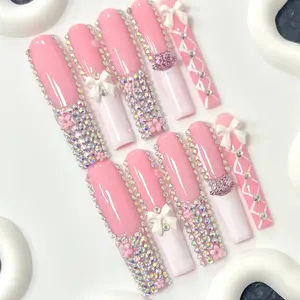 10 Pcs Super Long Handmade Nails, Nail Extensions, Bowknot, French, Ballet, Rhinestone, Y2K, Elegant Rhinestone Decorated, Perfect for Daily Wear and Parties