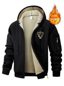 Men's Bull Print Plush Soft Fleece Lined Jacket, Casual Cozy Hooded Sweatshirt Coat, Fall Winter Warm Thermal Outwear Outfits Tops, Kangaroo Pocket Design, Zipper Pocket Sleeve, Casual Fitted Jacket