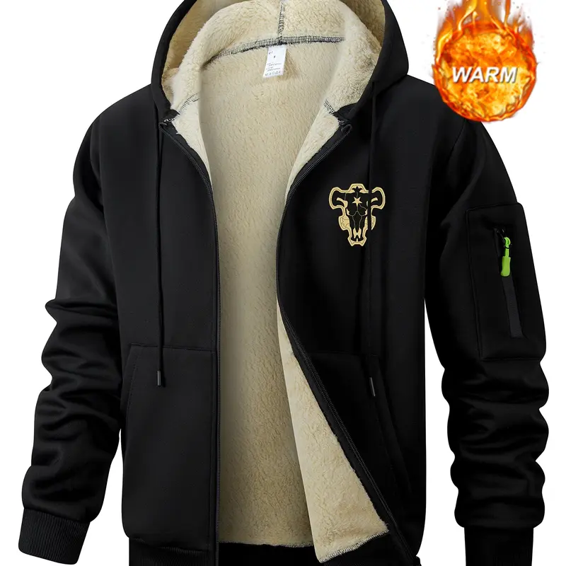 Men's Bull Print Plush Fleece Lined Jacket, Casual Cozy Hooded Sweatshirt Coat, Fall Winter Warm Thermal Outwear Outfits Tops, Kangaroo Pocket Design, Zipper Pocket Sleeve, Casual Fitted Jackets