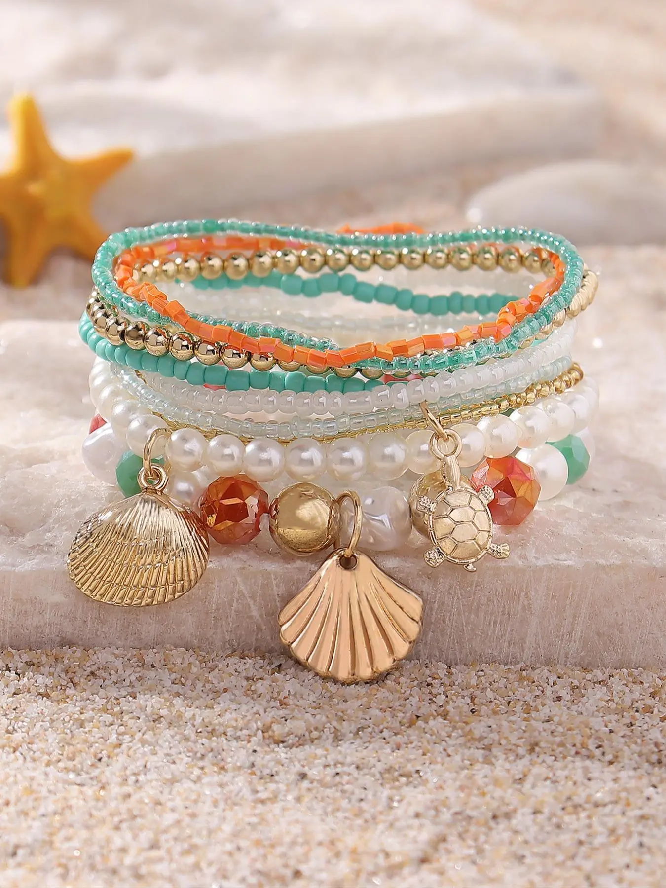 Colorful Beaded Bracelet, Boho Style Jewelry, Fashionable Starfish & Turtle & Shell Decor Beaded Bracelet for Women & Girls, Elegant All-match Fashion Accessories for Daily Wear