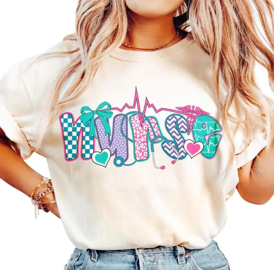 Colorful Patterned NURSE Shirt With Stethoscope & Heartbeat – Cute Nursing Graphic Tee for Nurses, Medical Workers & Nursing Students, Fun Nurse Appreciation Gift