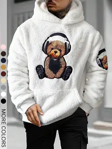 Men's Cartoon Bear Embroidery Pocket Fuzzy Hoodie, Fitted Casual Long Sleeve Hooded Sweatshirt for Fall & Winter, Men's Clothes for Daily Wear