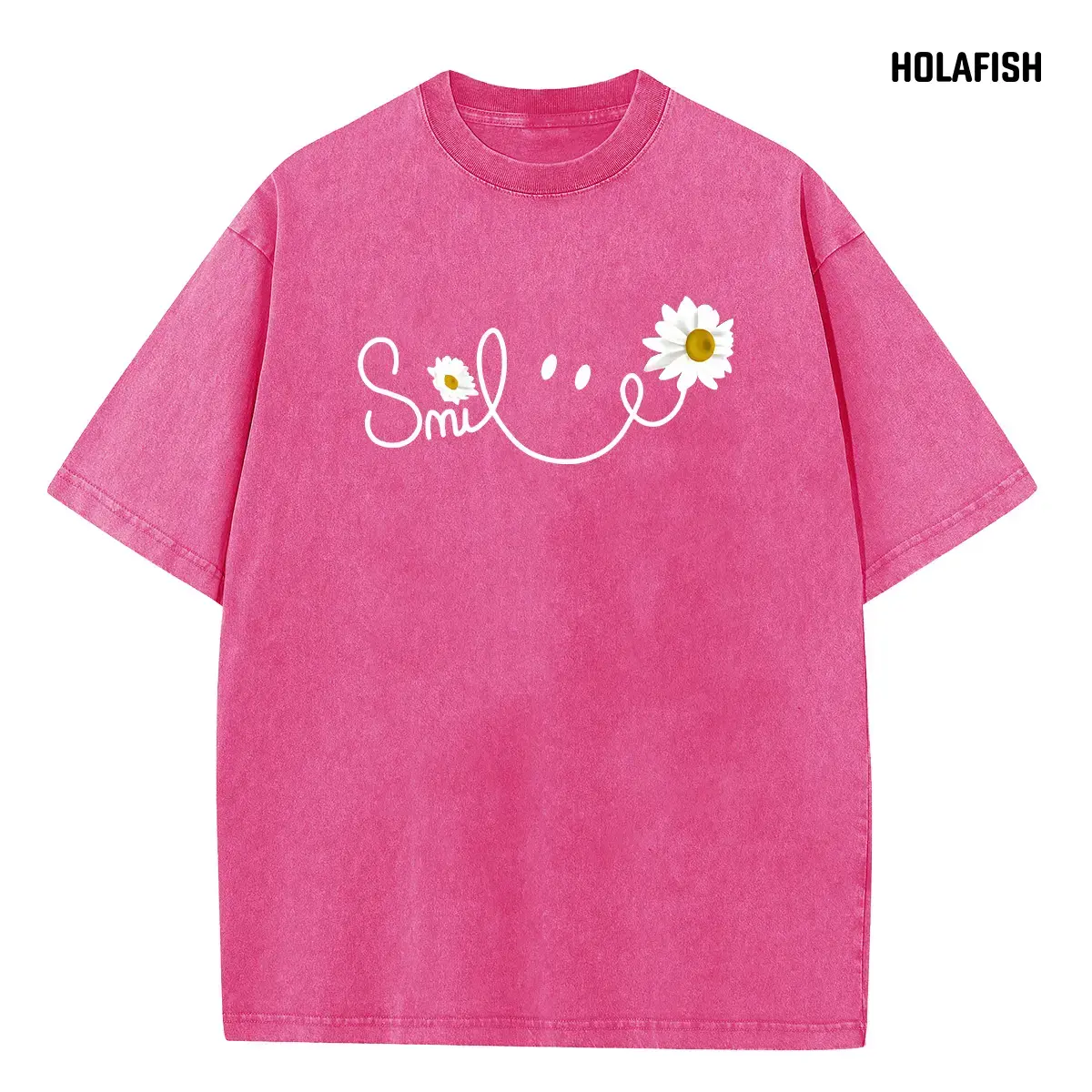Holafish Women's Oversized Short-Sleeve Heavy Cotton T-Shirt - Vintage Top, Unisex Acid Wash, Daisy Graphic Upgraded Print, Drop Shoulder, Comfortable Streetwear Summer Clothes