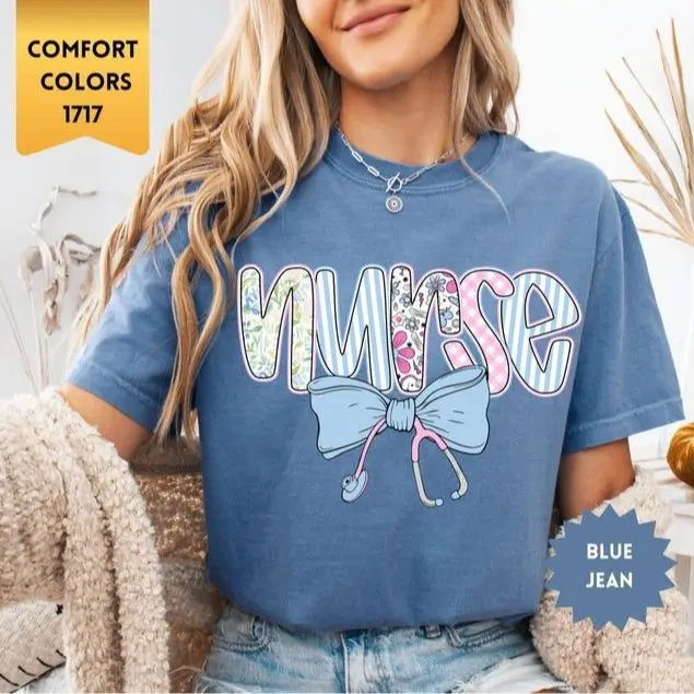 Floral Nurse Comfort Colors Shirt, Cute Spring RN Tshirt, Coquette Nursing Tee, Nurse Bow Tshirt, Nurse Appreciation Gift, Gift for Nurse