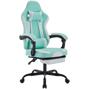 Leather Ergonomic Gaming Chair with Footrest & Massage Lumbar Support for Adults Women Girls Comfy 300 LBS Capacity Green 3D Linkage Armrests Multi-Angle Reclining Backrest Adjustable Height Headrest Retractable Footrest Silent Wheels