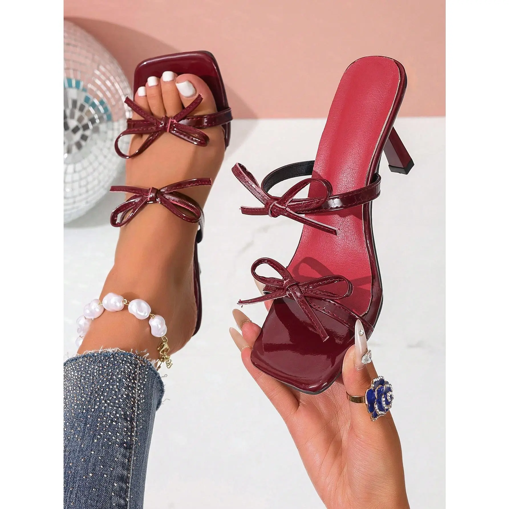 DealsForYouDays Burgundy Summer New Bowknot Open Toe High Heel Sandals, Versatile Minimalist Thin Heel Sandals For Women