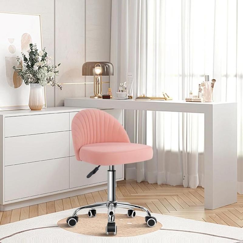KKTONER Rolling Stool Swivel Office Chair Velvet Vanity Chairs Height Adjustable stools with Back for Bedroom Home Makeup Cosmetic Drafting(Pink)