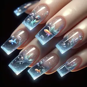 The Lady'S Fake Nails Are Long, Square-Shaped, in Shades of Blue, Featuring Designs of Little Fish, Bubbles, Seaweed, And a Gradient Ocean Pattern. They Are Removable And Reusable for Nail Wear