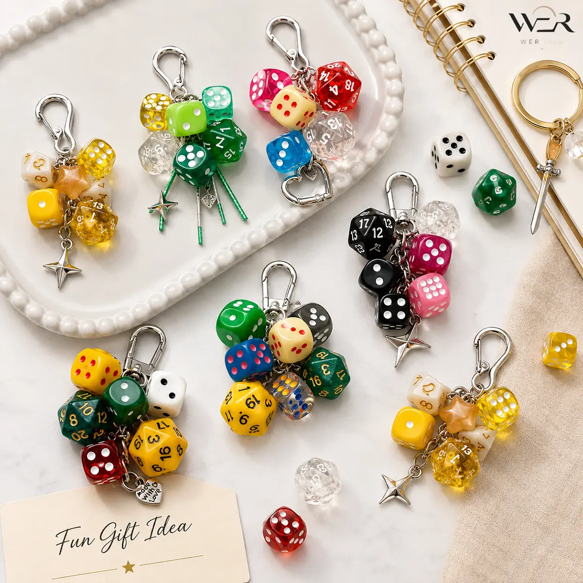 Funky Dice Keychain with Star & Heart Charms - Kawaii Collectible Bag Accessory for Women & Girls, RPG Gamer Gift, Keychain Collectible, Collectibles