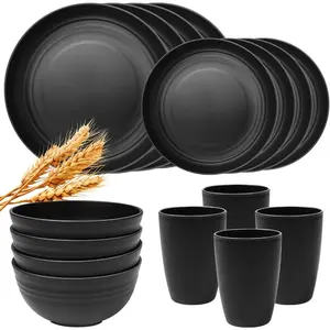 16PCS Set Large Kitchen Wheat Straw Dinnerware Tableware Unbreakable Plates and Bowls Indoor Outdoor Kitchen Reuasble Plates and Bowls Dinner Dishes Set Service for 4