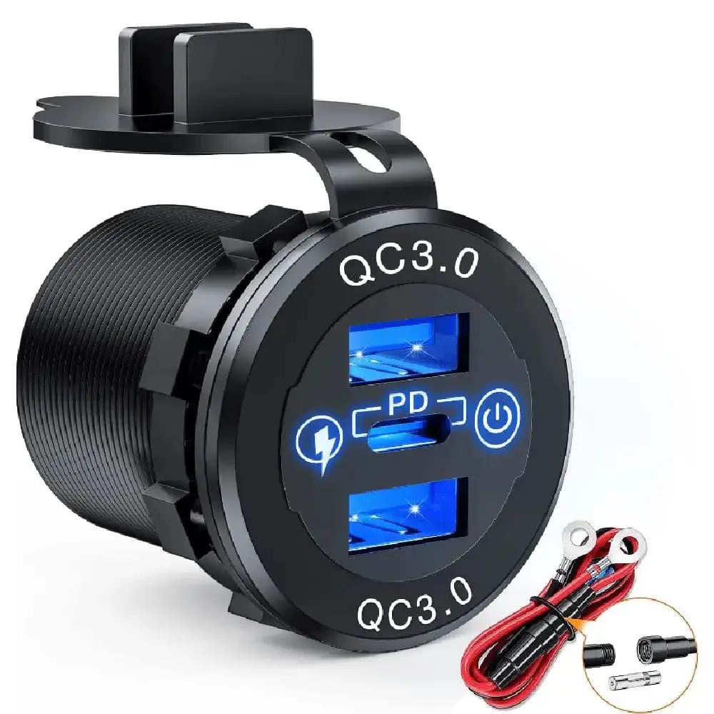Nilight Blue LED USB Powered Car Fast Charger - Dual Outlet Quick Charge PD Type-C Port, QC 3.0 USB Socket, Type-C Adapter for Compatible Devices, Car Accessory, Usb Powered Charging, Type-C Adapters