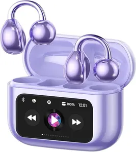 Elegant Touchscreen Clip-On Earbuds,  Open Ear Headphones with 1.3" Color Display,  5.4, 50H Playtime, Ultra-Light 4.1g, IPX5 ,  for Yoga/Running/Workouts,purple