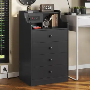 ADORNEVE Large Black Nightstand with Charging Station, Tall Bedroom Bedside Table with Hutch & 4 Drawers