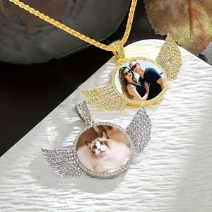 Exquisite Photo Round Necklace with Chain Vintage Bohemian Style Rhinestone Wing Frame Pendant Personalized Photo Album for Men and Women Jewelry