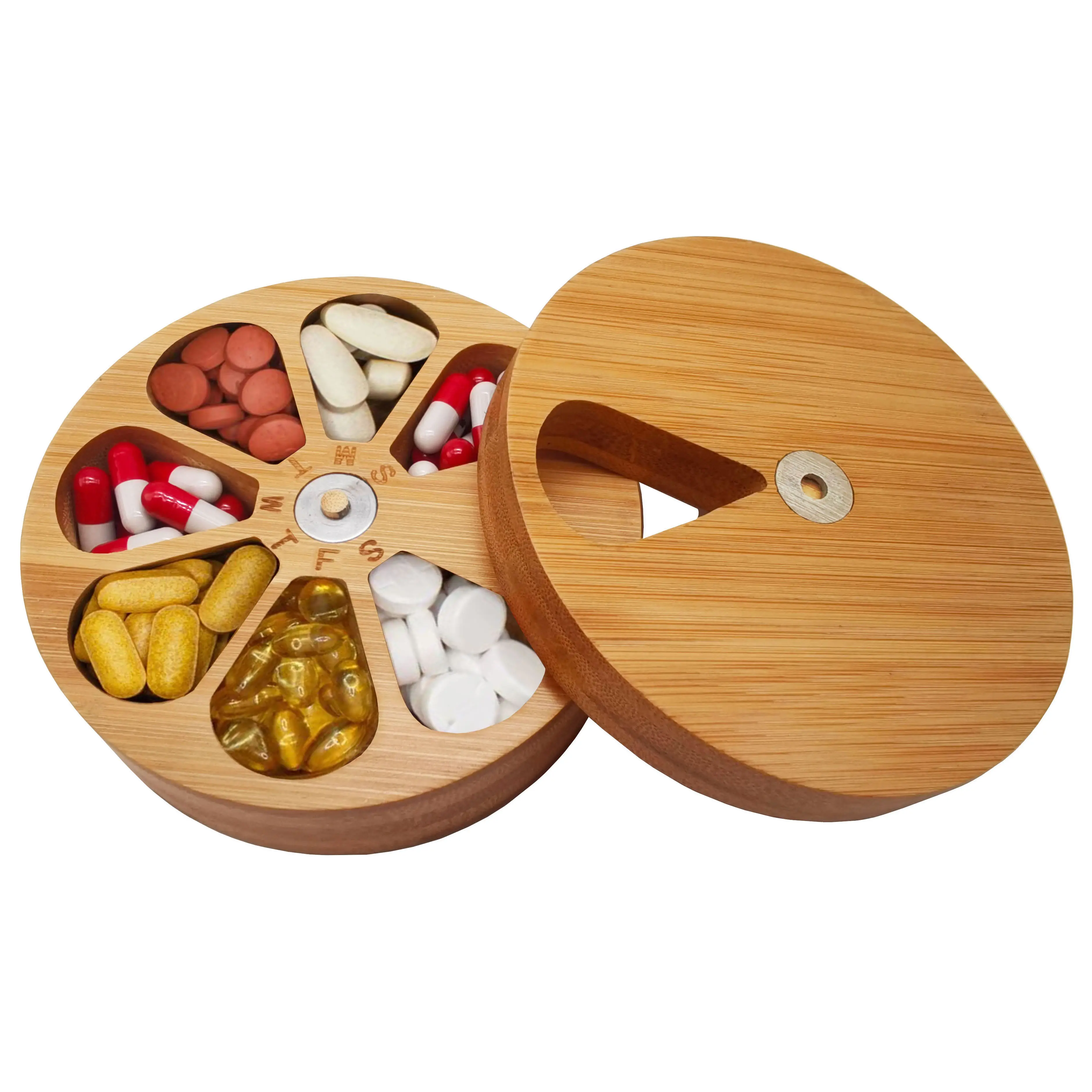 Bamboo Wood Daily Weekly 7 Days Cute Vitamin Medicine Pill Organizer Case Box, Kitchen Salt Spice Cellar Containers, Nail Art Glitters Crystals Organizer, Earring Ring Jewelry Storage Decorative Box