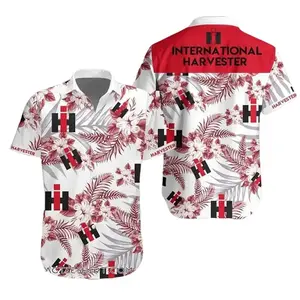 International Harvester Hawaiian Flower Style 3D Printing Summer Casual Loose Short Sleeve Shirt, Baseball Jersey Shirt, Classic Button Front Style, Trendy Streetwear