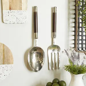 Set of 2 Utensils Aluminum Metal Spoon and Fork Home Wall Decor