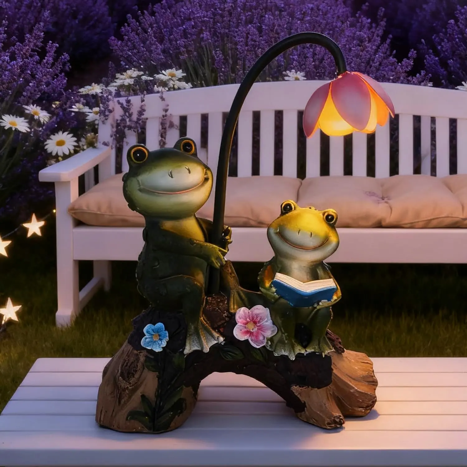 Solar Powered Frog Garden Statue with Flower Lamp, Green 11IN | Resin Frog Figurine Set with Reading Frog, Outdoor Decor for Patio, Lawn, Yard, Unique Gift for Frog and Garden Enthusiasts