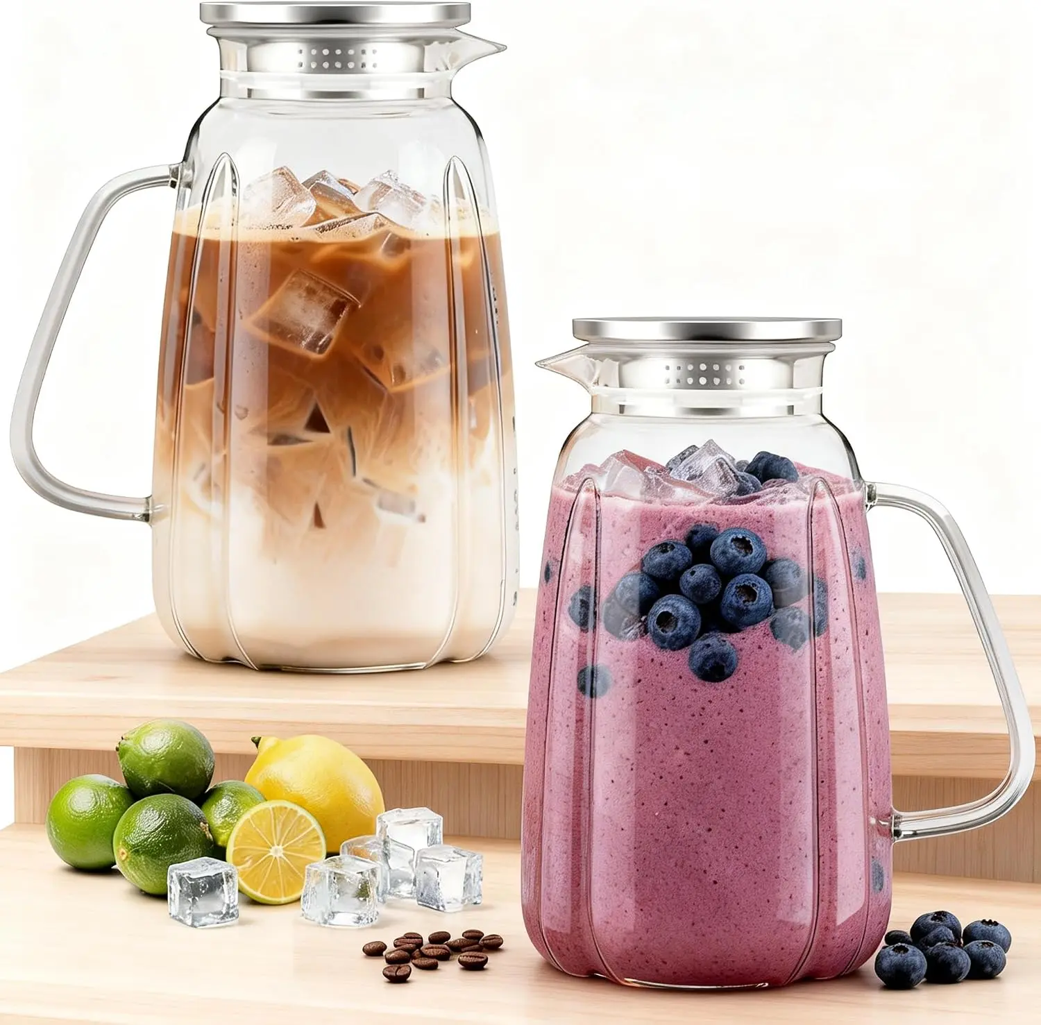 2-Pack Borosilicate Glass Pitcher with Lid & Handle, 2L/68oz Heat-Resistant Fridge Water Jug, Kitchen Drinkware for Iced Tea, Coffee & Hot/Cold Beverages