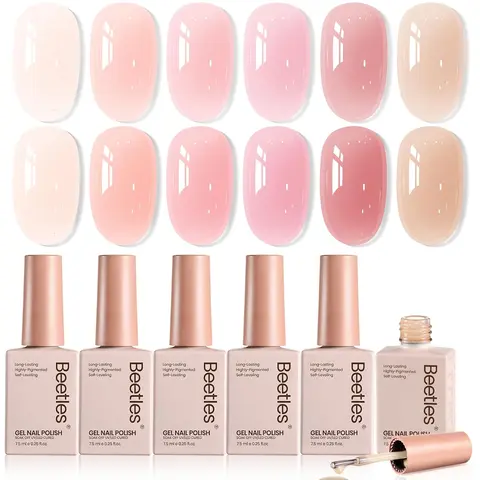 Beetles 6 Colors Veil of Heaven Jelly Gel Nail Polish Set, Nude Pink Neutral Translucent Soak-Off UV/LED Lamp Cured Supplies, Adults' DIY Manicure Nail Care Birthday Gift