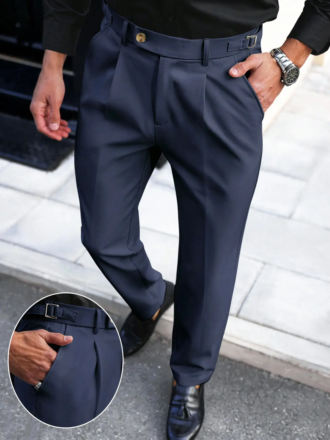 Men's Business Style Office Cone Western Pants, Fitted Pants, Nine-Quarter Casual Trousers with Pleated Front, Adjustable Buckle, Anti-Wrinkle Long Pants