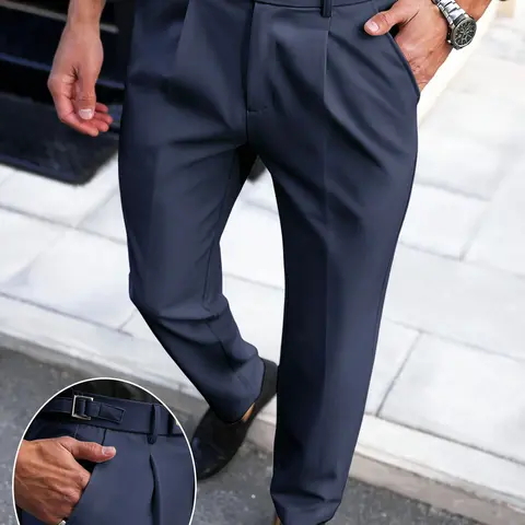 Men's Business Style Office Cone Western Pants, Fitted Pants, Nine-Quarter Casual Trousers with Pleated Front, Adjustable Buckle, Anti-Wrinkle Long Pants