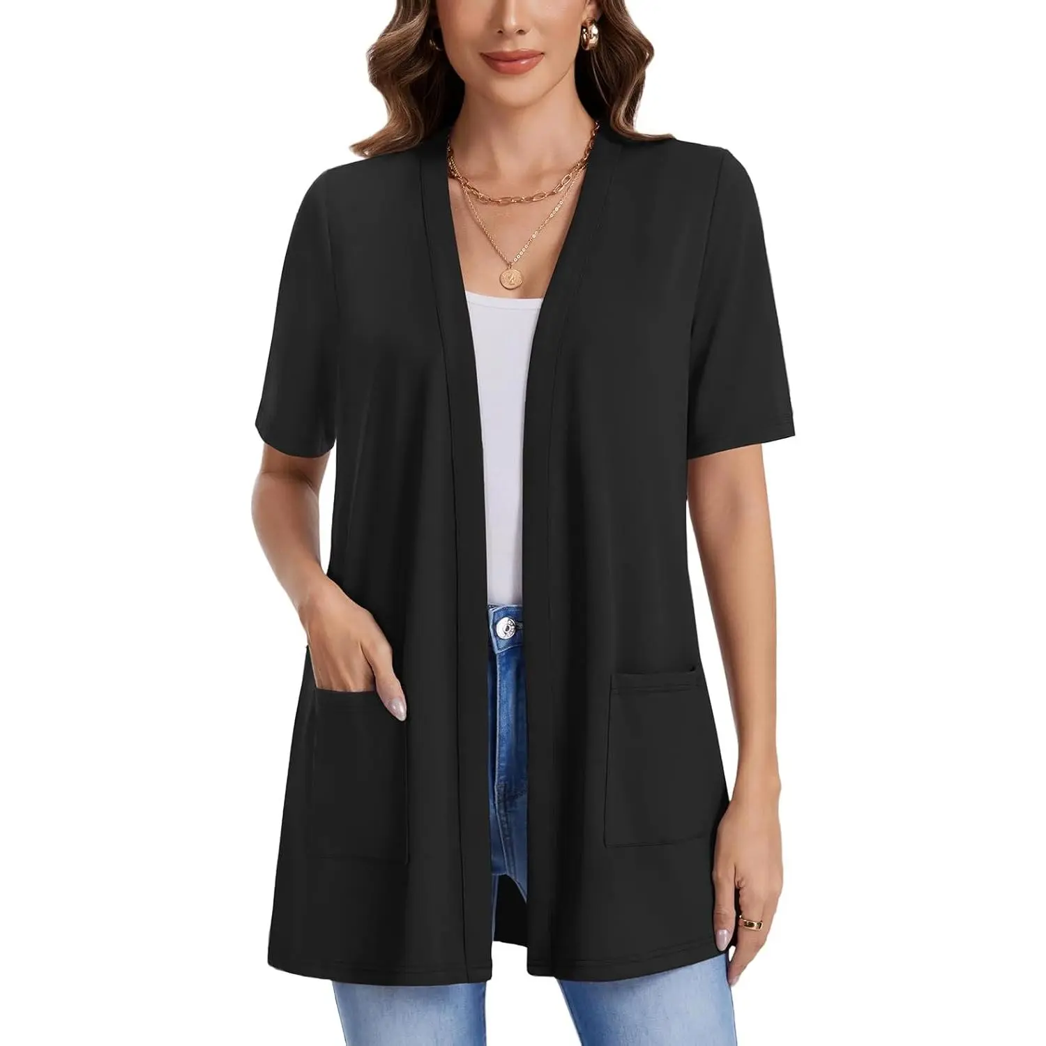WEACZZY Women's Minimalist Sleeveless Cardigan Vest, Oversize Open-Front Longline Duster with Pockets for Leggings, Baggy, Basic, Casual, Clothes, Oversized, Women's Clothes, Polyester, Workwear, Elastane, Loose-Fit, Classic, Machine Washable, Medium (Us,
