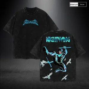 Nightwing Vintage Washed Oversized T-Shirt – Double Printed Retro Comics Graphic Tee, Lightweight Cotton Streetwear for Comic Lovers & Movie Fans, Perfect Gift and Halloween Outfit Essential