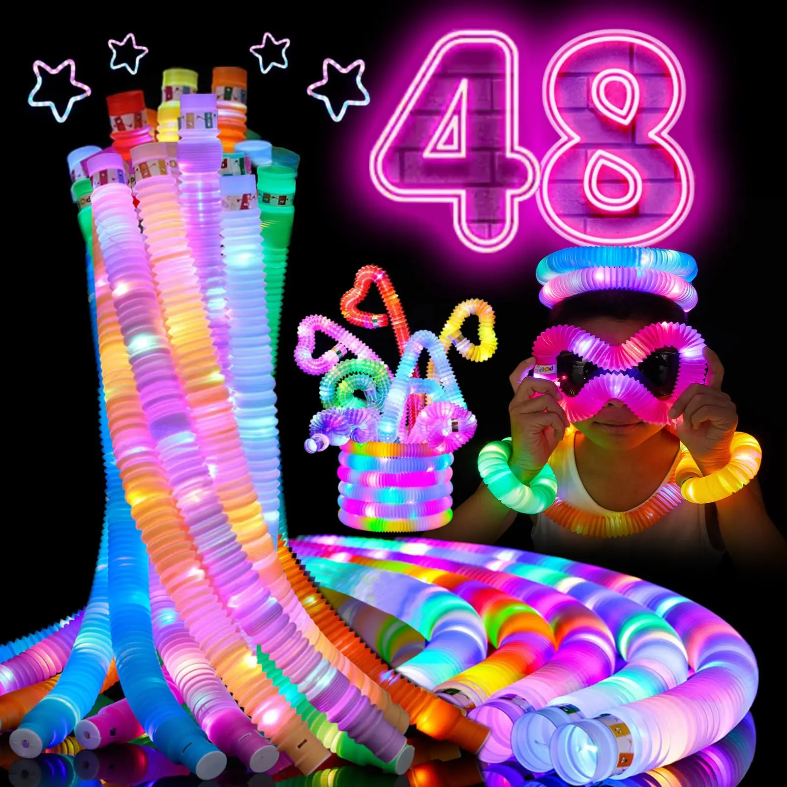 48 Glow In The Dark Party Supplies  Light Up Led Pop Tubes Sticks Sensory Toys Birthday Favors For Goodie Bag Stuffers Gifts Prize
