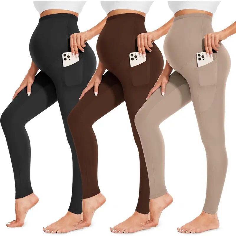 3 Pack Women’s Maternity Leggings Over The Belly-High Waisted Workout Pregnancy Yoga Pants Pockets