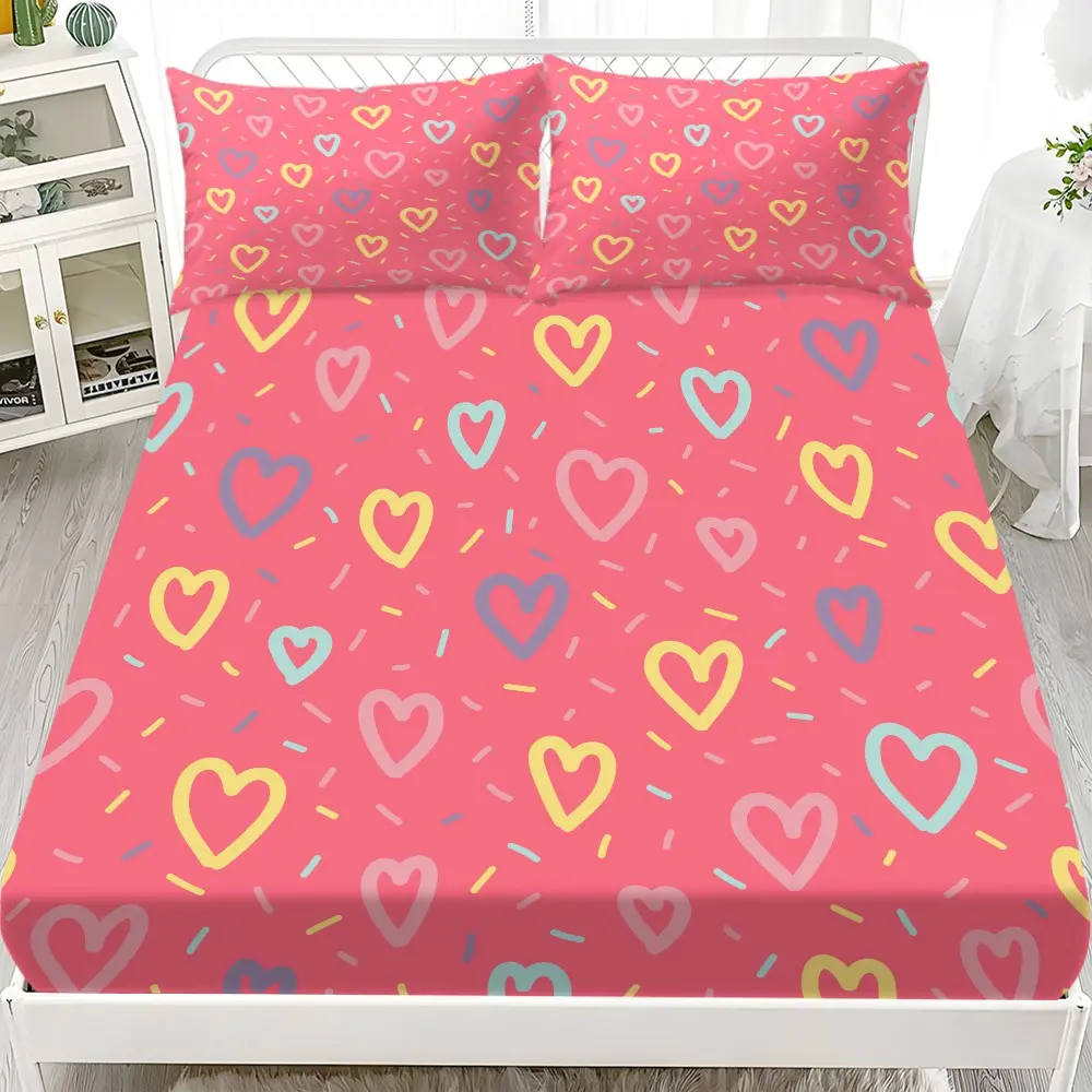 Bedding Sheet Set 3-Piece Multicolor Heart Print Bed Sheets (includes 1 Fitted Sheet & 2 Pillowcases), Washable Polyester Fabric, Bed Sheet Sets, Bedsheet Set