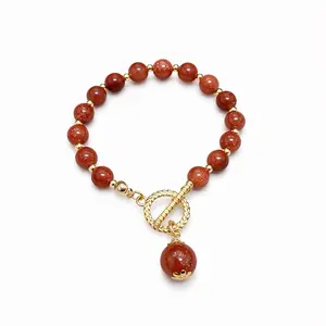Brown Aventurine Beaded Bracelet with Gold Toggle Clasp Elegant Natural Stone Jewelry for Women