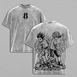 Menswear Vintage Washed Hunter x Hunter Gon Killua Double-Sided T-Shirt, Oversized Retro Distressed Anime Figure Graphic Short-Sleeve Tee, Harajuku Streetwear Y2K Aesthetic 100% Cotton Casual Sports Top for Men,summervibes