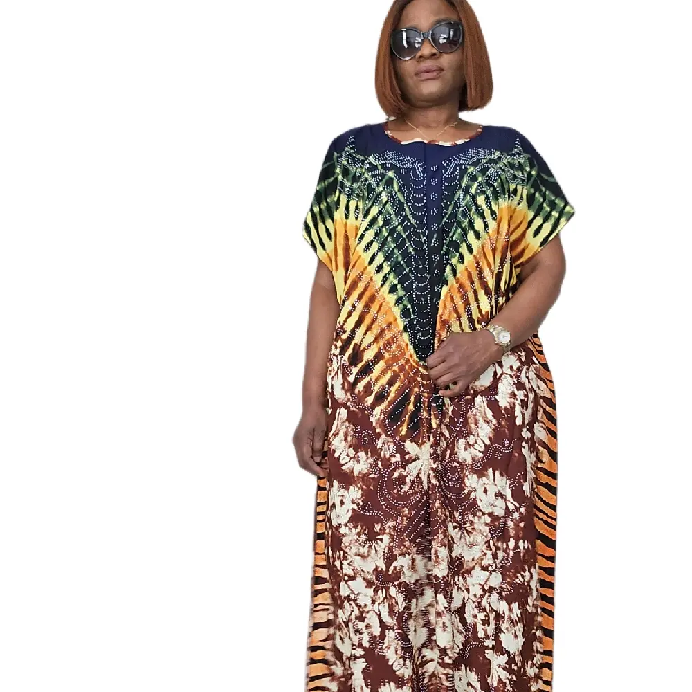 Adire Inspired Crepe Kaftan - Vibrant Tie-Dye Design, Short Sleeves, Maxi Length, Perfect for Casual Wear