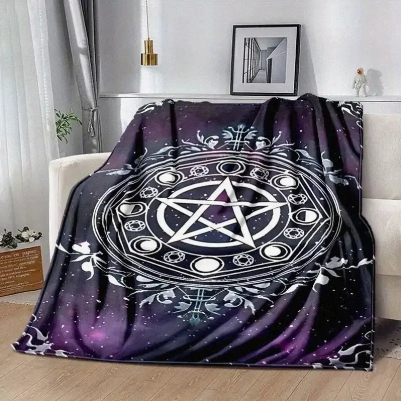 Mystery Mandala Blanket - Polyester Flannel Five-Pointed Star Design for Bed Sofa Living Room Black Magic Craft Theme Large Size