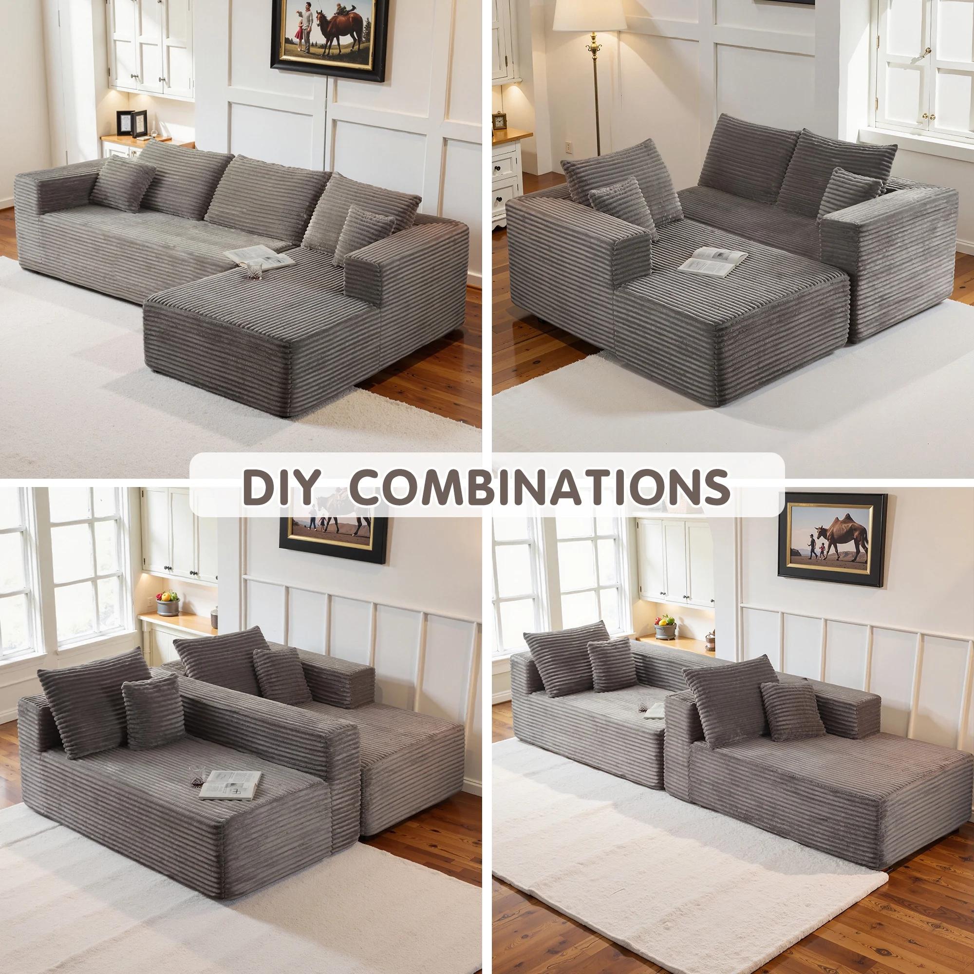 Modular combination sofa, L-shaped lounge chair, modern minimalist sofa, living room bedroom, deep-seated corner sofa, simple assembly, corduroy