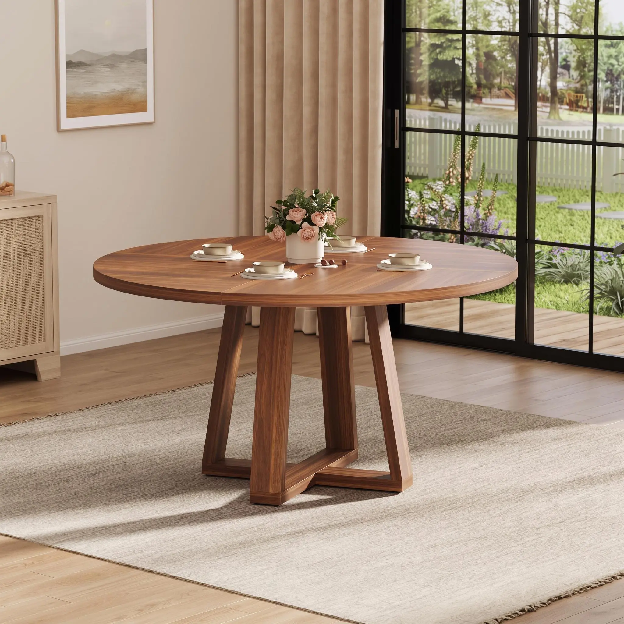 IdealHouse 47-Inch Modern Farmhouse Circular Dining Table - Sturdy Wooden Cross Legs, Walnut Finish, Assembly Required, Space-Saving for Small Apartments, Home Decor for 4-6 People (Single Table Only)