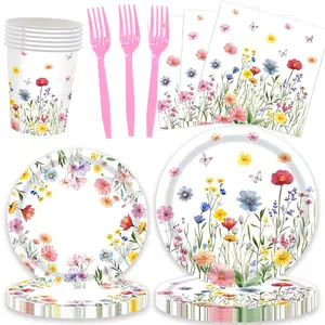 100pcs Wildflower Theme Party Supplies, Floral Pattern Paper Plates & Napkins, Perfect for Spring Summer Picnics, Weddings, Birthdays, 20 People Use