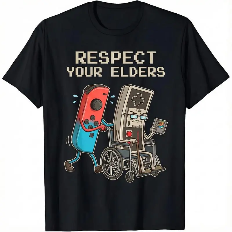 Retro Gamer Graphic Short-Sleeve T-Shirt, Elegant Round Neck Soft Cotton Fabric Streetwear, Old School Gaming Lover Gift for Men - Casual Paper Self-Adhesive Wrap, Aesthetic, Menswear, Classic, Tops, Shortsleeve, Basic