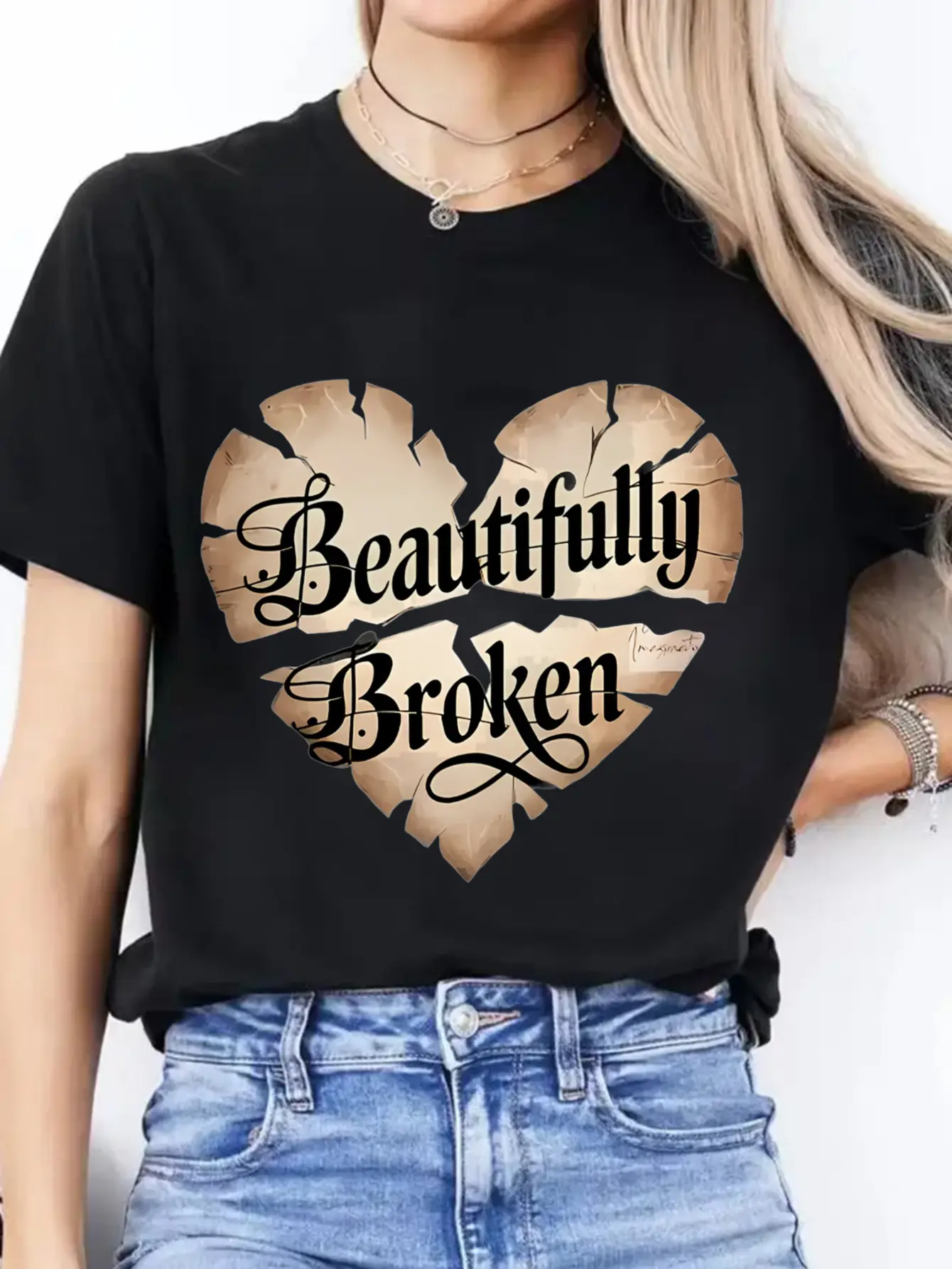 Women's Short-Sleeve Cotton Tshirt - Regular Fit, Soft Stretch Polyester-Spandex Fabric, Round Neck, Printed Front, Minimalist Solid & Elegant Broken Heart Graphic, Machine Washable, Everyday All-Seasons Casual Top, Do Not Bleach, Pod Customization